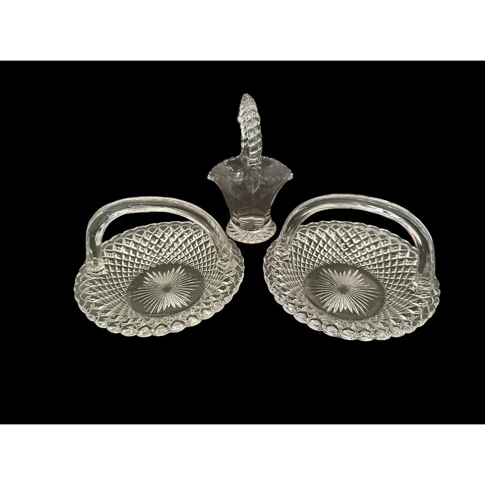 Three Small Vintage Decorative Crystal Glass Wedding Baskets Candy Dishes
